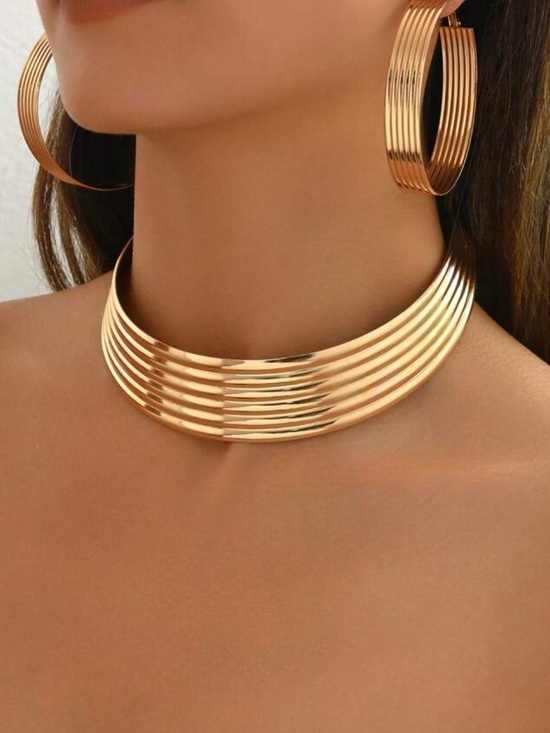 Jewelry - Gold-Tone Layered Collar Necklace and Hoop Earrings Set